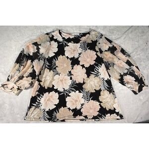 Calvin Klein Womens Plus Size 1XL Black Floral‎ Print 3/4 Sleeve Blouse Top
